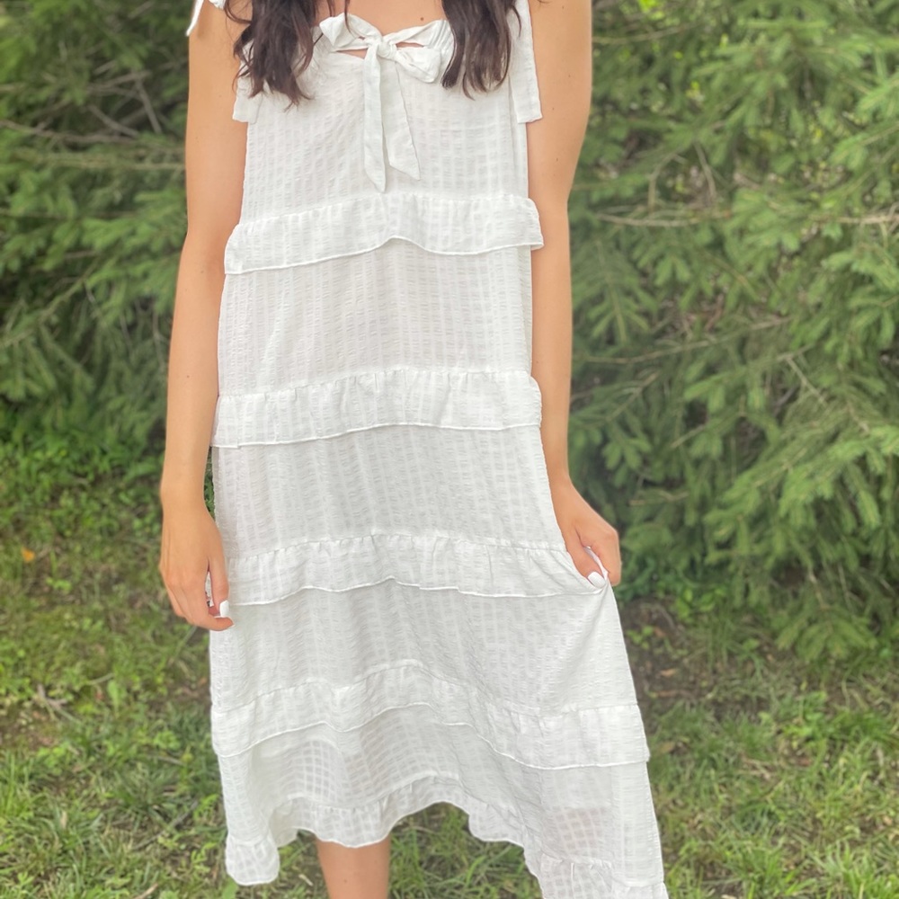 Paper crane white ruffle midi dress